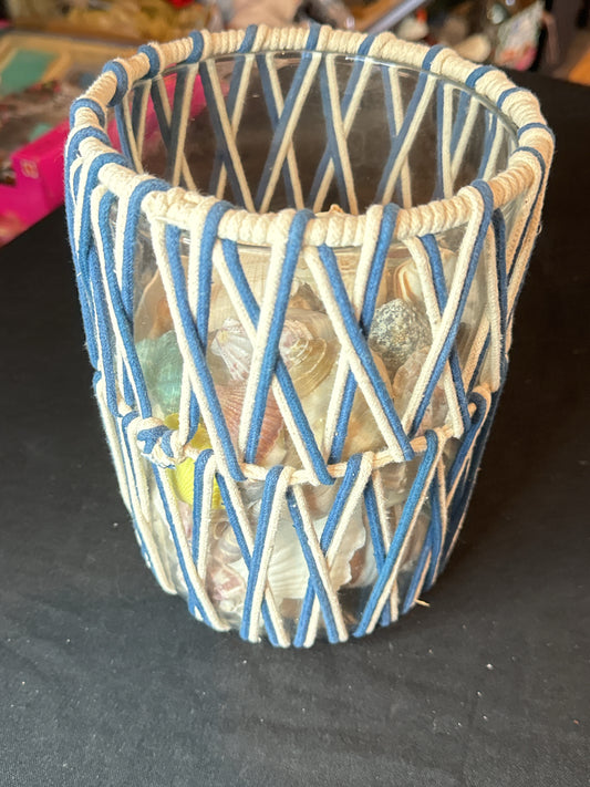 Glass Basket with Woven Rope 9" Tall 6" Wide w/ Several Lbs of Shells