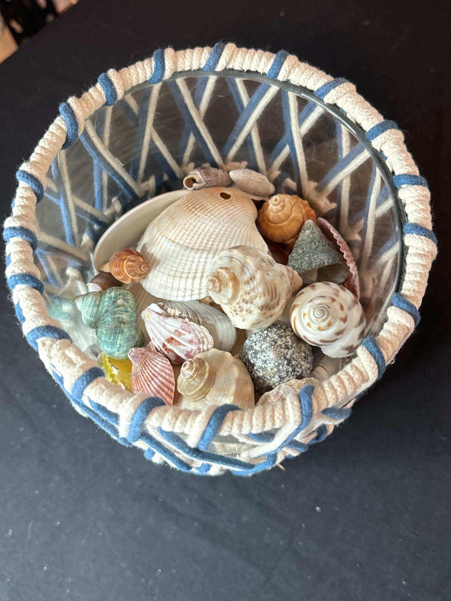 Glass Basket with Woven Rope 9" Tall 6" Wide w/ Several Lbs of Shells