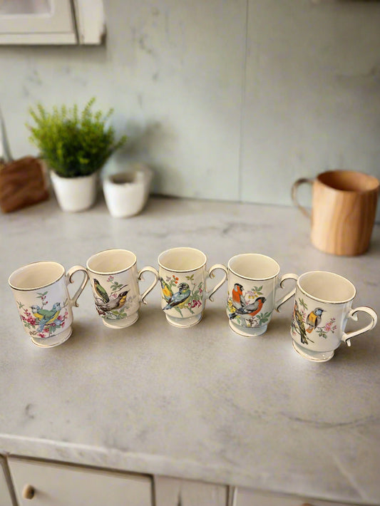 Set of Five (5) Porcelain Vintage Royal Crown Pedestal Coffee Mugs Cups w/ Birds Gold Trim