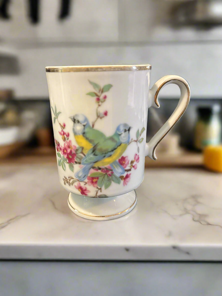 Set of Five (5) Porcelain Vintage Royal Crown Pedestal Coffee Mugs Cups w/ Birds Gold Trim