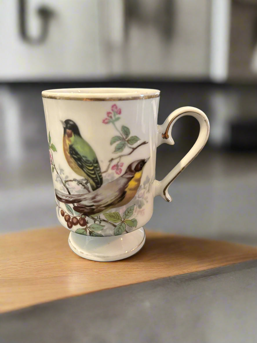 Set of Five (5) Porcelain Vintage Royal Crown Pedestal Coffee Mugs Cups w/ Birds Gold Trim