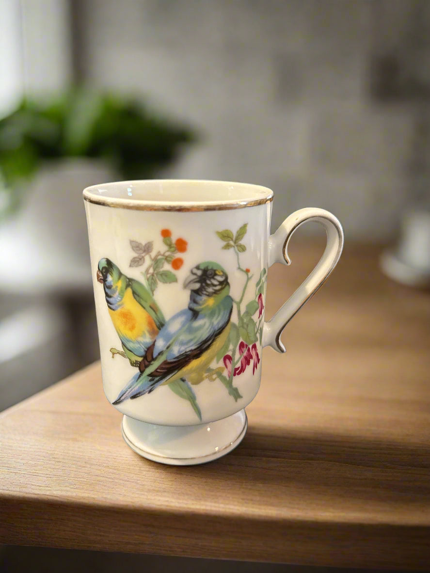 Set of Five (5) Porcelain Vintage Royal Crown Pedestal Coffee Mugs Cups w/ Birds Gold Trim