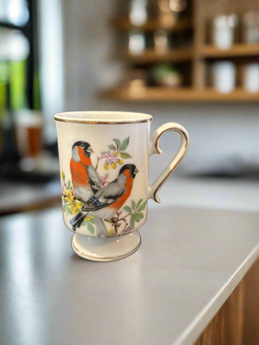 Set of Five (5) Porcelain Vintage Royal Crown Pedestal Coffee Mugs Cups w/ Birds Gold Trim