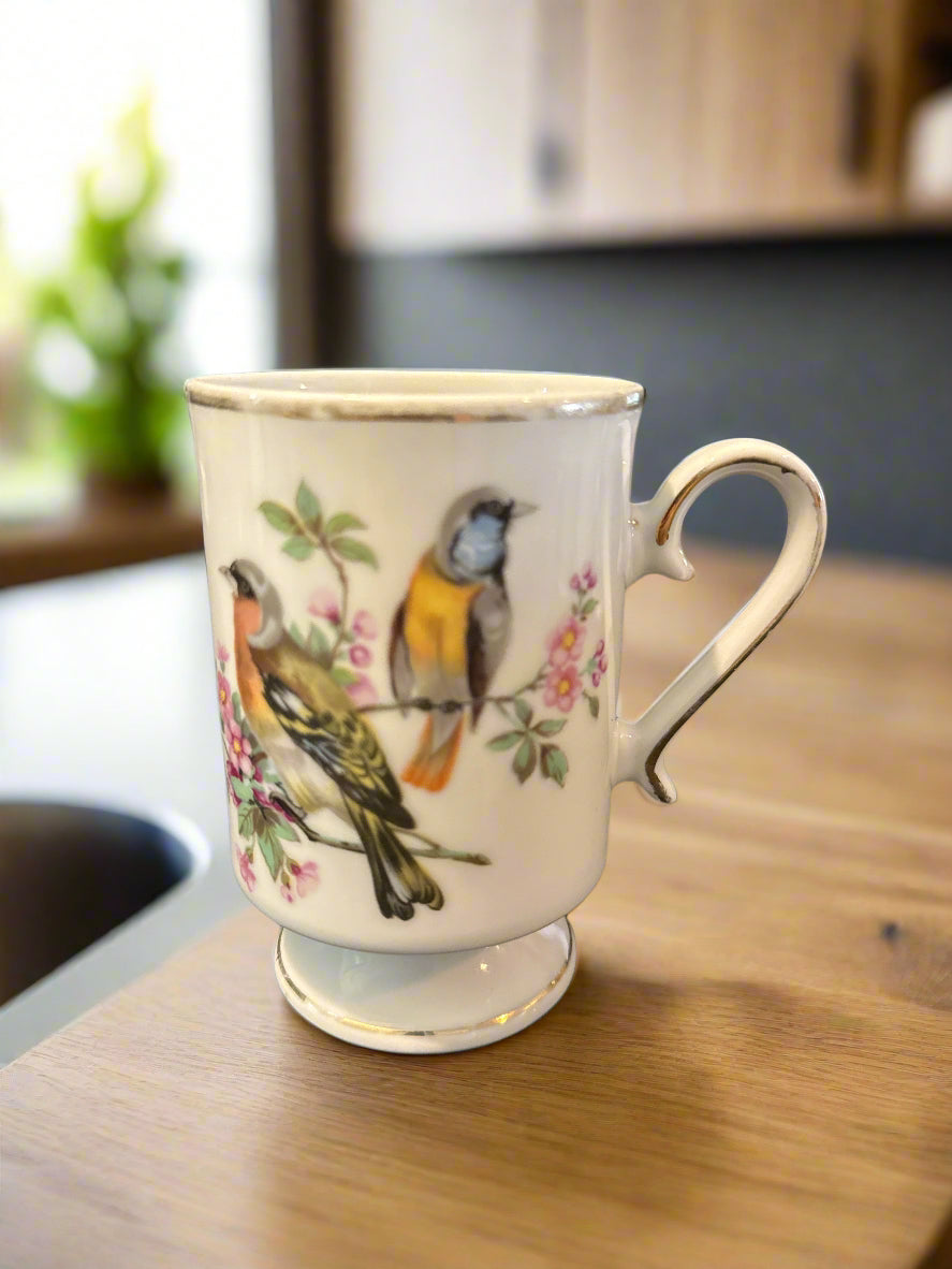 Set of Five (5) Porcelain Vintage Royal Crown Pedestal Coffee Mugs Cups w/ Birds Gold Trim