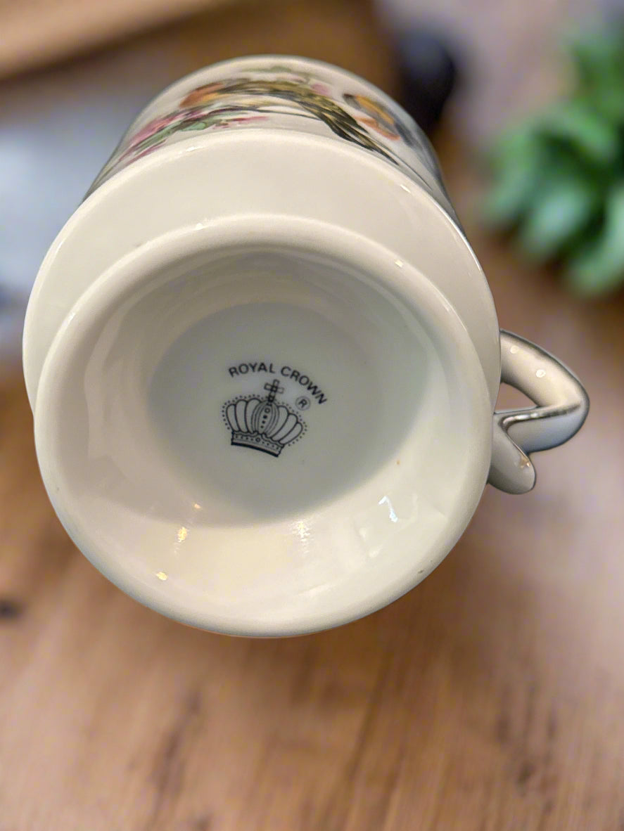 Set of Five (5) Porcelain Vintage Royal Crown Pedestal Coffee Mugs Cups w/ Birds Gold Trim