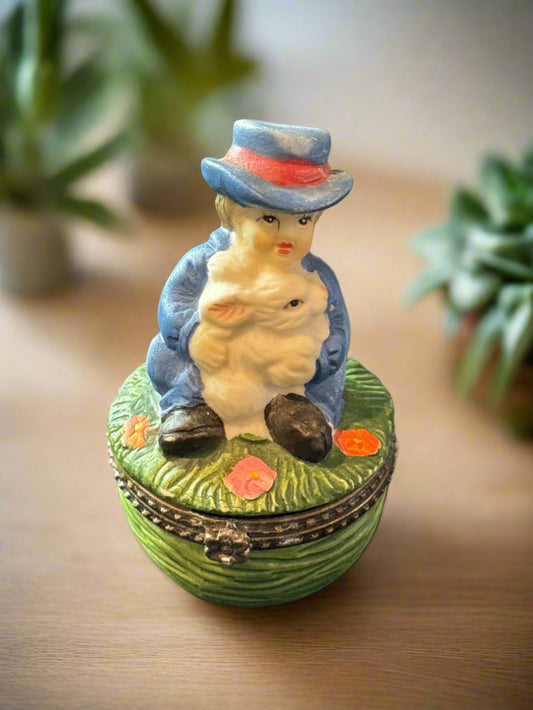Boy With Rabbit Trinket Pill Box Hinged 3" Tall