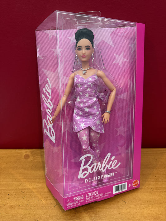 WB Mattel Barbie Deluxe Style Fashion Doll #11 in Pink Denim Star-Print Dress New in Box