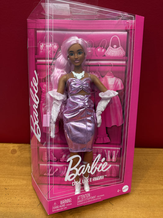 WB Mattel Barbie Deluxe Style Fashion Doll #1 in Glossy Pink Barbiecore Dress Pink Hair New in Box