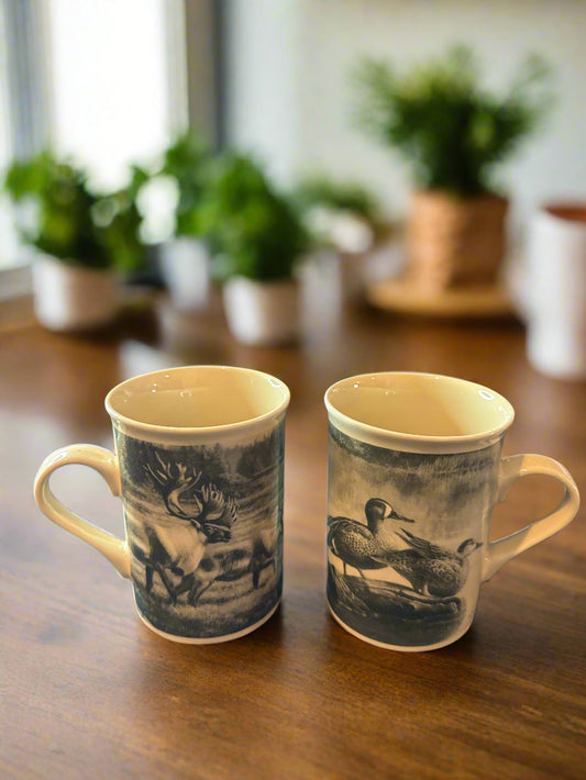 Pair of Field & Stream Coffee Cups Mugs Duck & Caribou Wildlife Design-Pac 3 7/8" Tall
