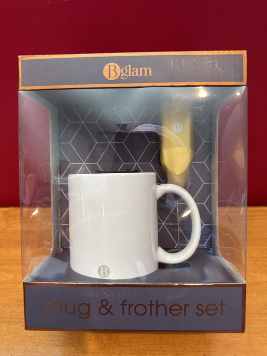 BGlam Mug & Frother Gift Set White Mug with B Initial on Bottom of Front New in Box