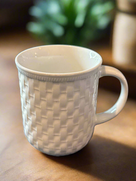 Oneidacraft Oneida White Wicker Basket Weave Coffee Mug Cup 4" Tall
