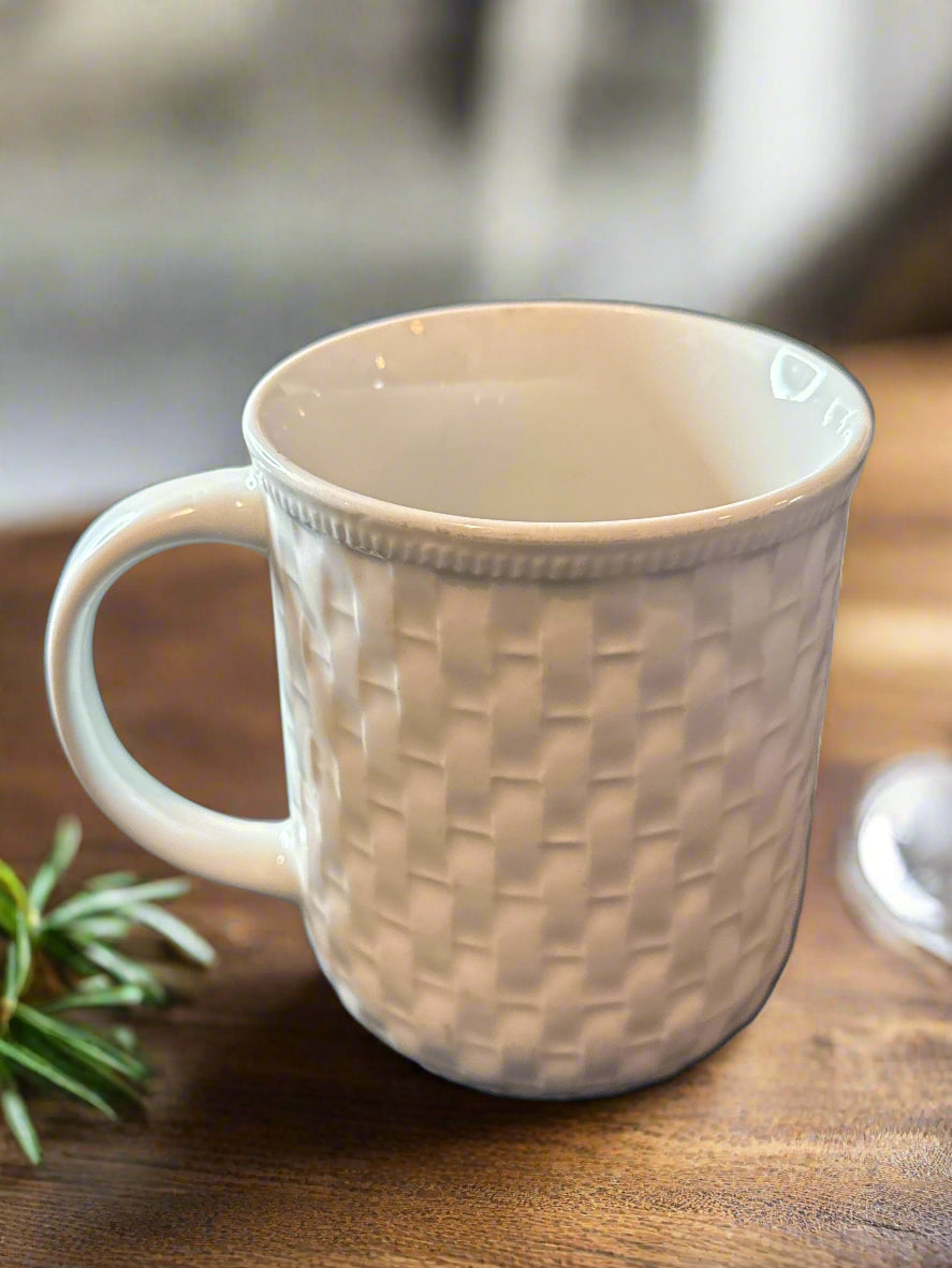 Oneidacraft Oneida White Wicker Basket Weave Coffee Mug Cup 4" Tall