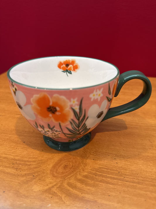 Potter's Studio Green Floral Handle Footed Tea Coffee Cup 3.5" Tall New