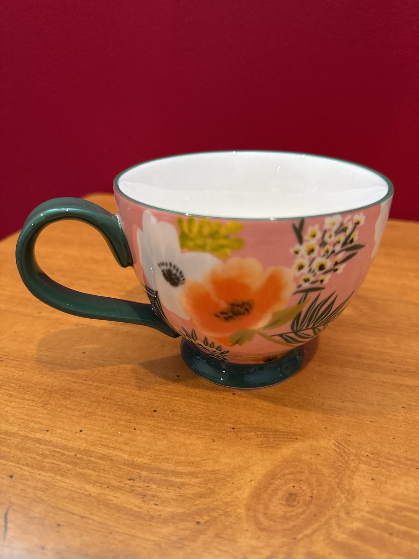 Potter's Studio Green Floral Handle Footed Tea Coffee Cup 3.5" Tall New