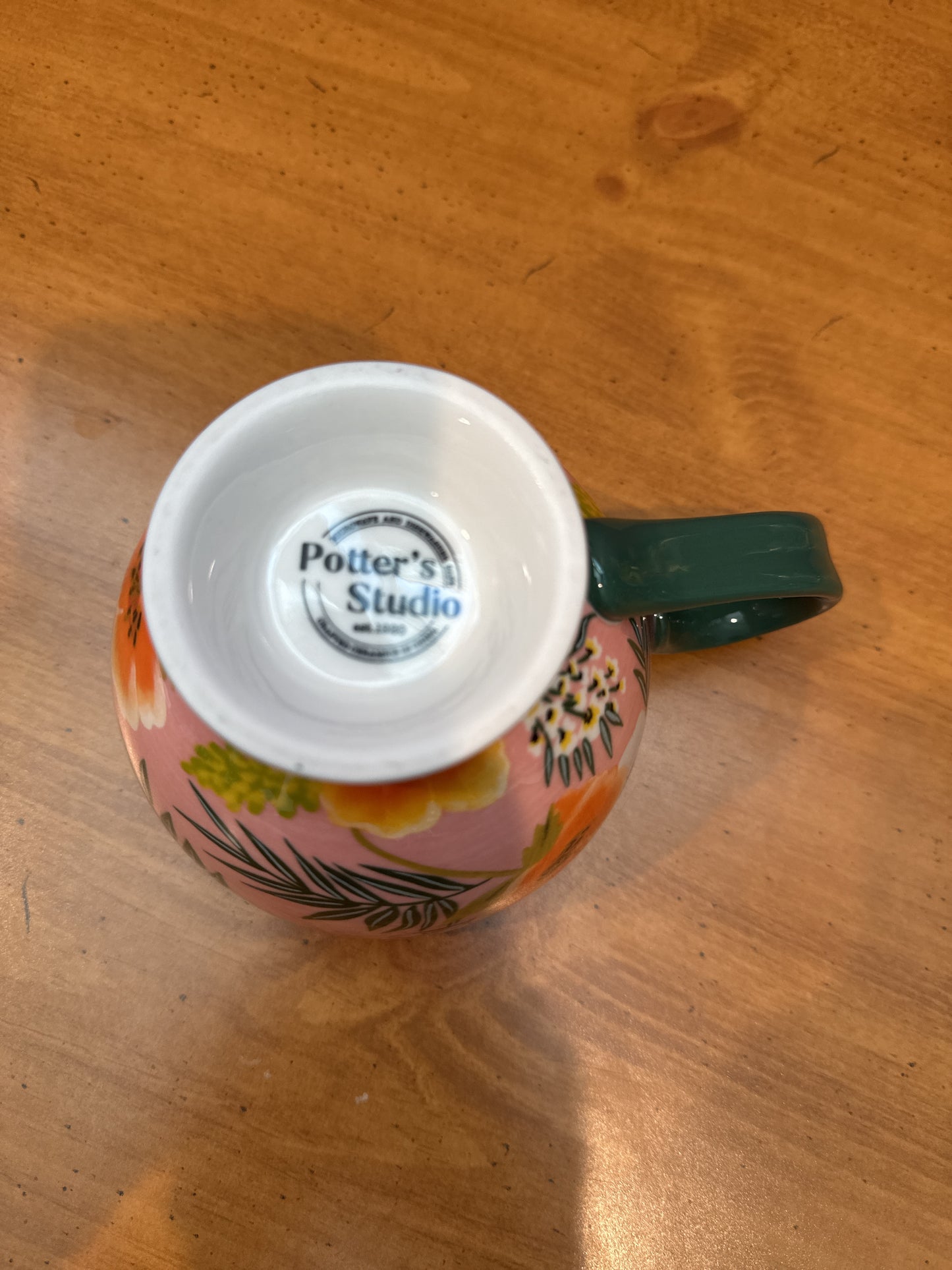 Potter's Studio Green Floral Handle Footed Tea Coffee Cup 3.5" Tall New