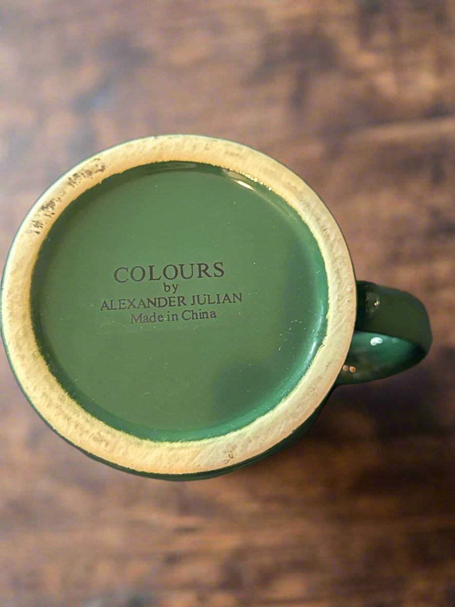Colours By Alexander Julian Dark Green Maroon Stoneware Coffee Mug Cup 4 1/8" Tall