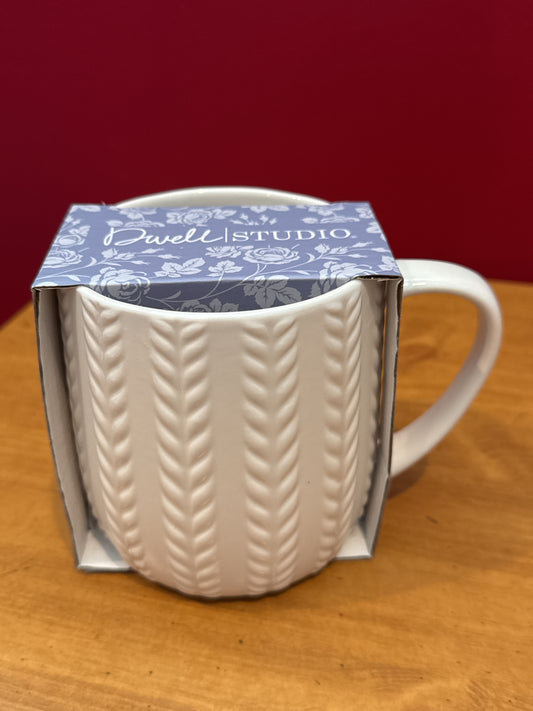 Dwell Studio White Ceramic Coffee Cup Mug Cable Knit Leaf Feather Embossed 4.5" Tall New