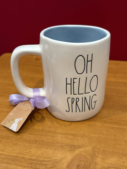 Rae Dunn OH Hello Spring Coffee Cup Mug White w/ Blue Interior 4 7/8" Tall New
