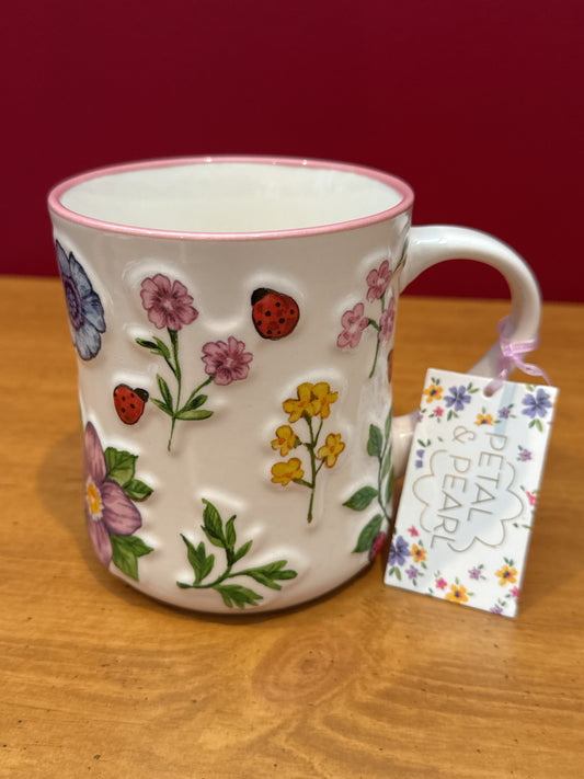 Petal & Pearl Floral Embossed 3D Coffee Cup Mug 4 5/8" Tall New