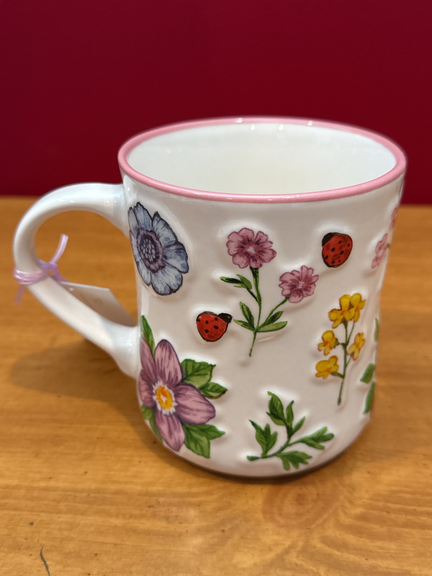 Petal & Pearl Floral Embossed 3D Coffee Cup Mug 4 5/8" Tall New