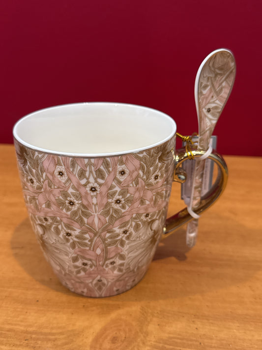 Morris & Co. Brown Floral Coffee Cup Mug w/ Spoon 4.75" Tall New