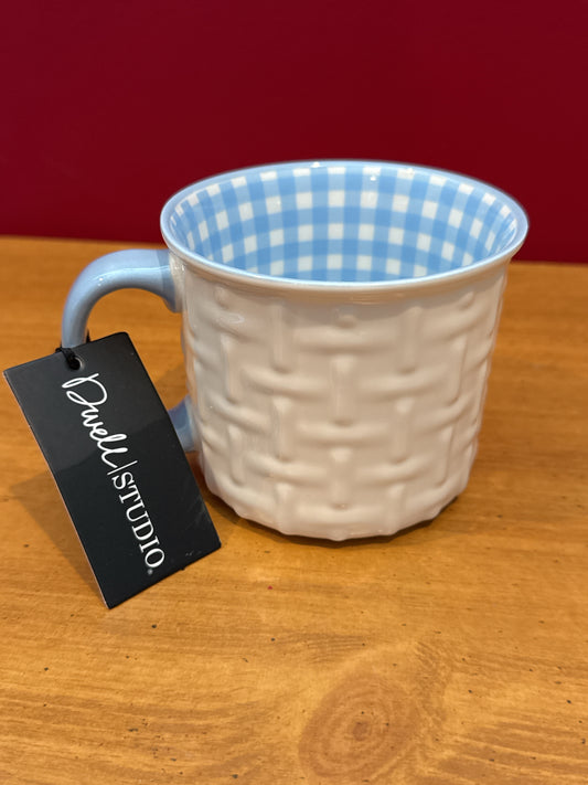 Dwell Studio White & Blue Checkered Interior White Patchwork Exterior Coffee Cup Mug 3 7/8" Tall New