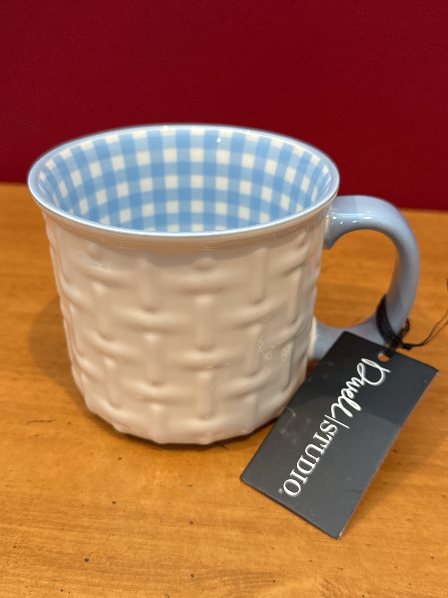 Dwell Studio White & Blue Checkered Interior White Patchwork Exterior Coffee Cup Mug 3 7/8" Tall New