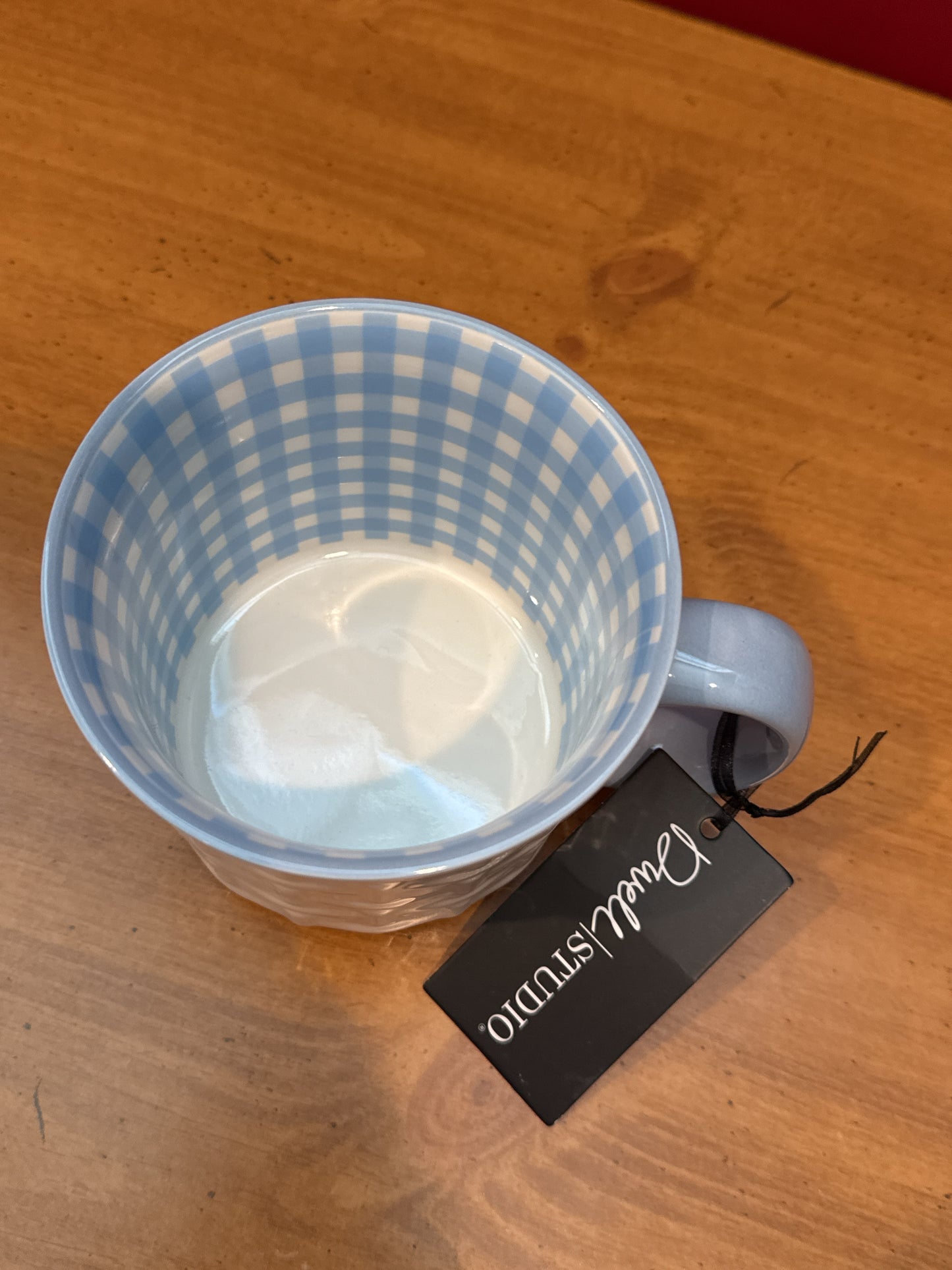 Dwell Studio White & Blue Checkered Interior White Patchwork Exterior Coffee Cup Mug 3 7/8" Tall New