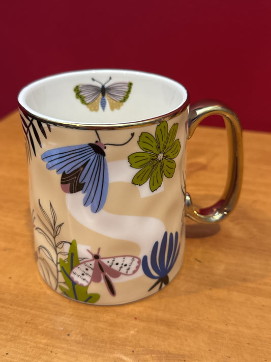 Sheffield Home Tan Butterfly Initial "S" Coffee Cup Mug 4 1/8" Tall New