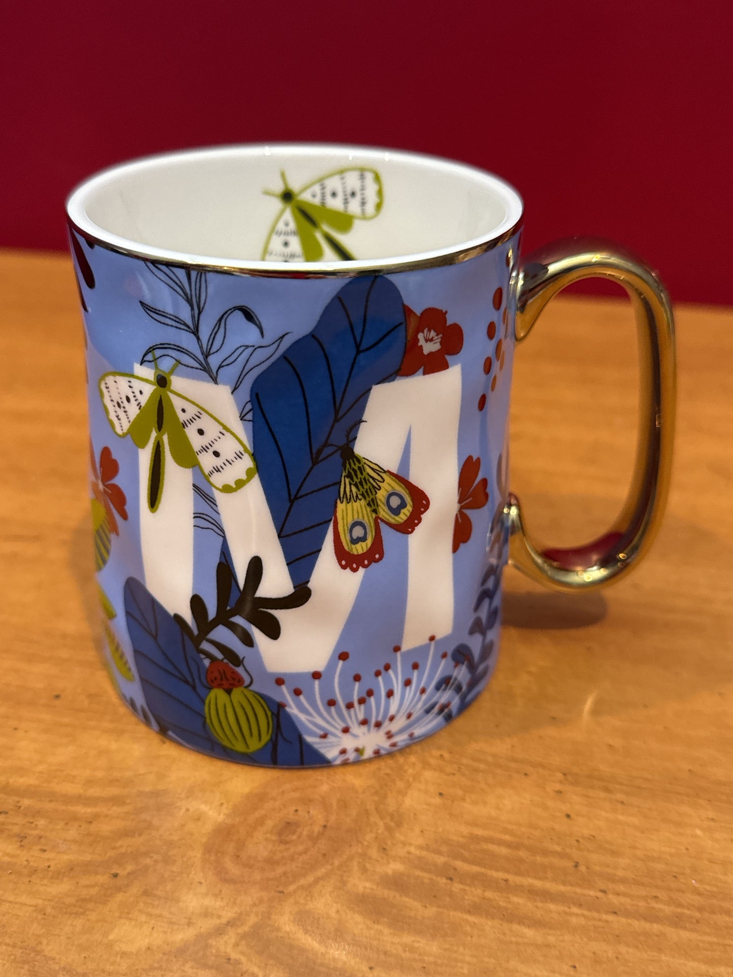 Sheffield Home Blue Butterfly Initial "M" Coffee Cup Mug 4 1/8" Tall New