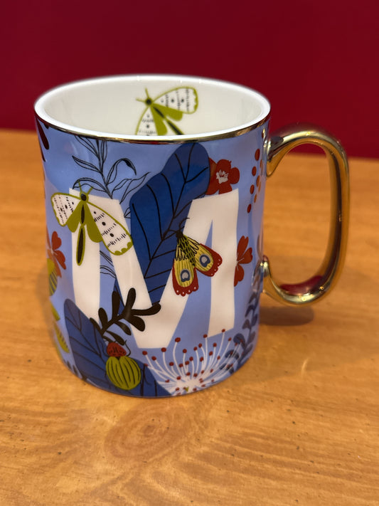 Sheffield Home Blue Butterfly Initial "M" Coffee Cup Mug 4 1/8" Tall New