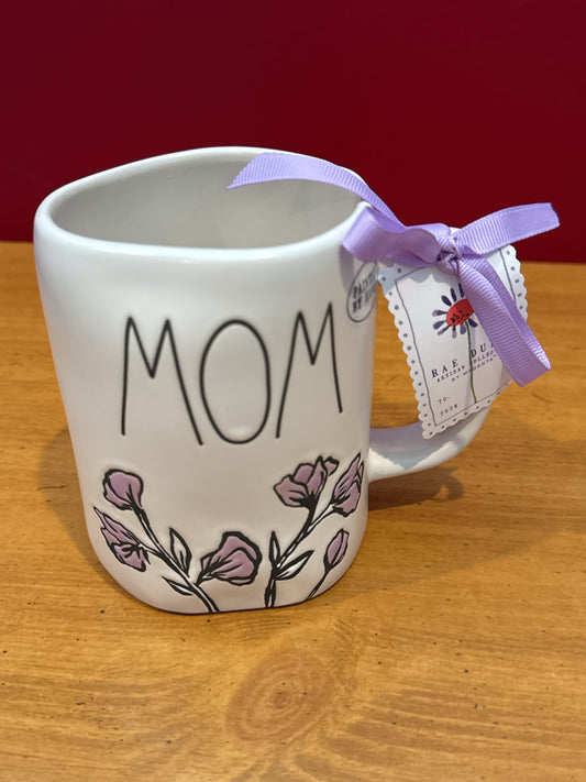 Rae Dunn "Mom" Purple Flowers Coffee Cup Mug 4 7/8" Tall New
