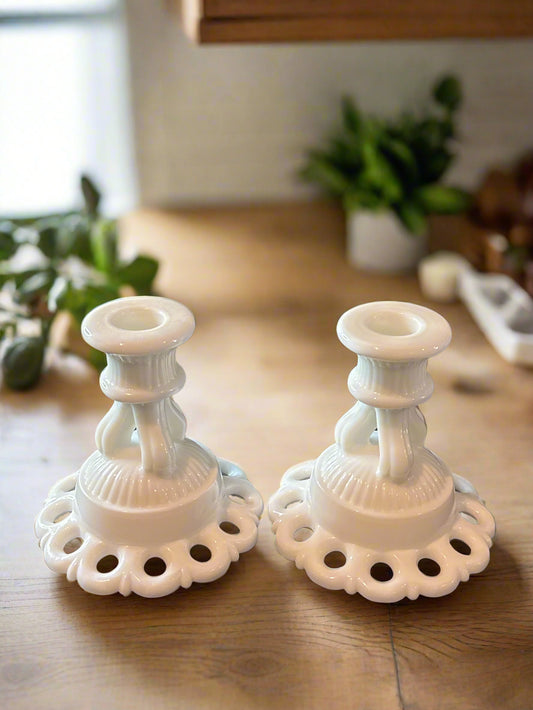 Pair of Westmoreland Vintage White Milk Glass Candlestick Holders Votive Dual Elegant 4.5"