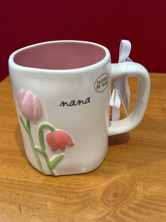 Rae Dunn Nana Pink Interior Pink Flowers Coffee Cup Mug 5" Tall New