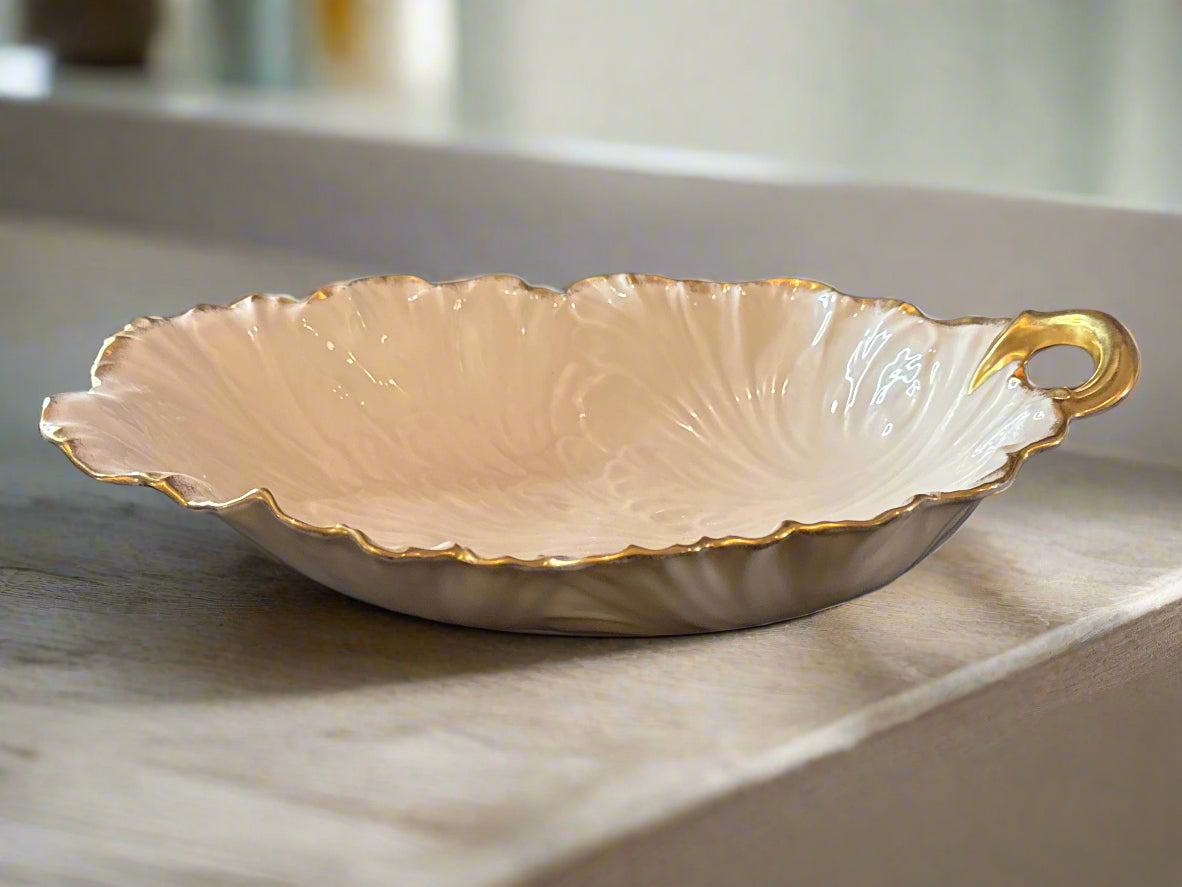 Vintage 14" Lenox Ivory 24k Gold Trim Cabbage Leaf Serving Bowl Centerpiece 9.5" Wide