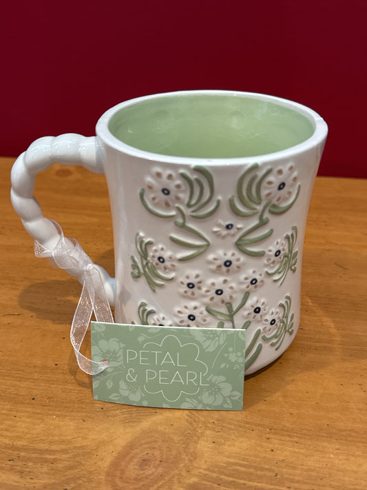 Petal & Pearl Green Floral Green Interior Gorgeous Coffee Cup Mug 4 5/8" Tall New