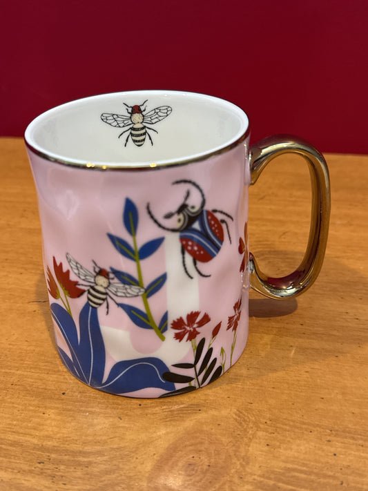 Sheffield Home Pink Insects Initial "J" Coffee Cup Mug 4 1/8" Tall New