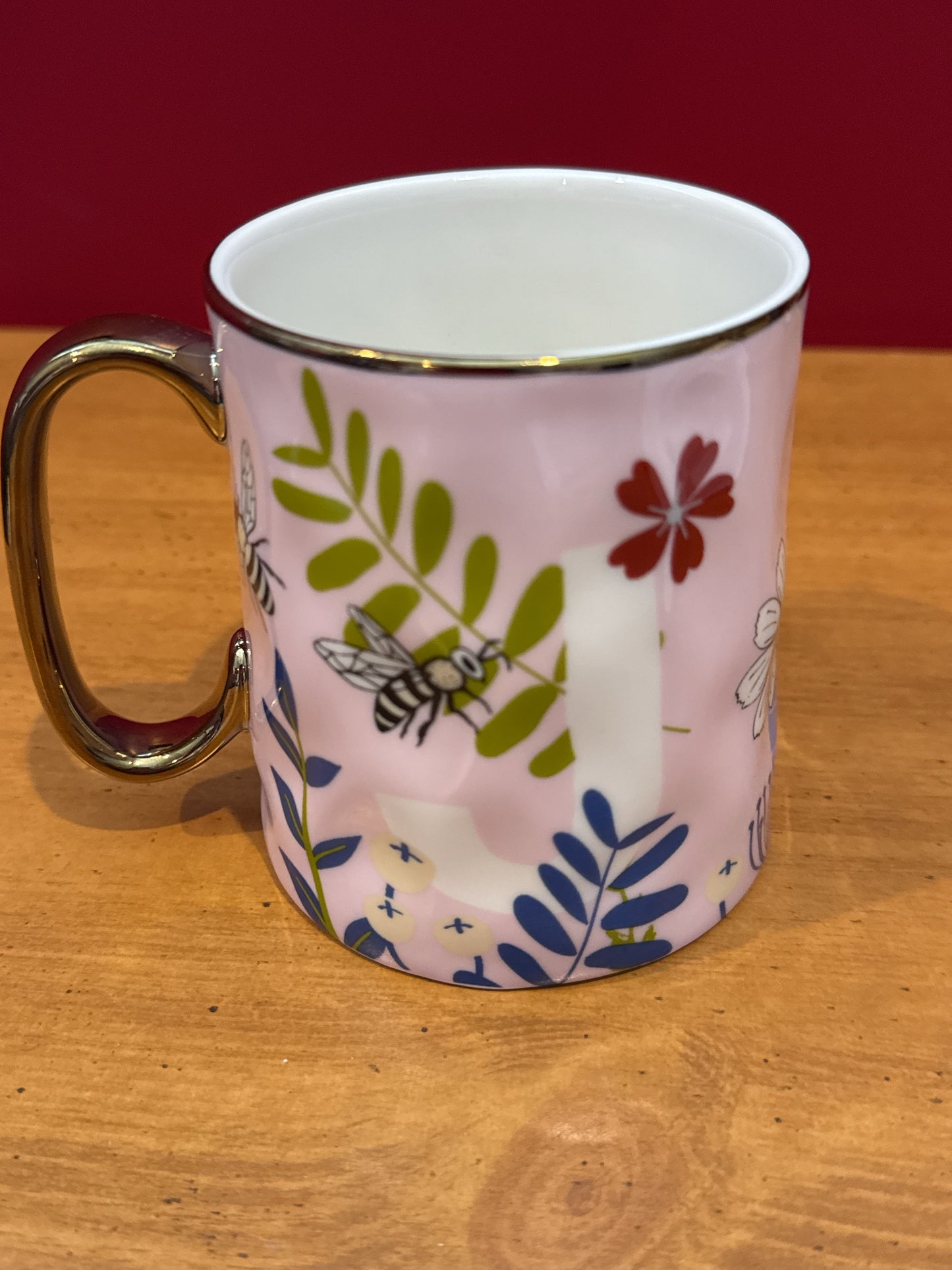 Sheffield Home Pink Insects Initial "J" Coffee Cup Mug 4 1/8" Tall New
