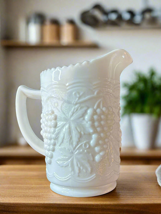 Vintage Imperial Glass Co. Milk Glass Pitcher Raised Grape Pattern 6" Tall