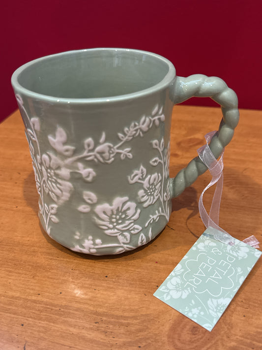 Petal & Pearl Green Floral Coffee Cup Mug 4.5" Tall New