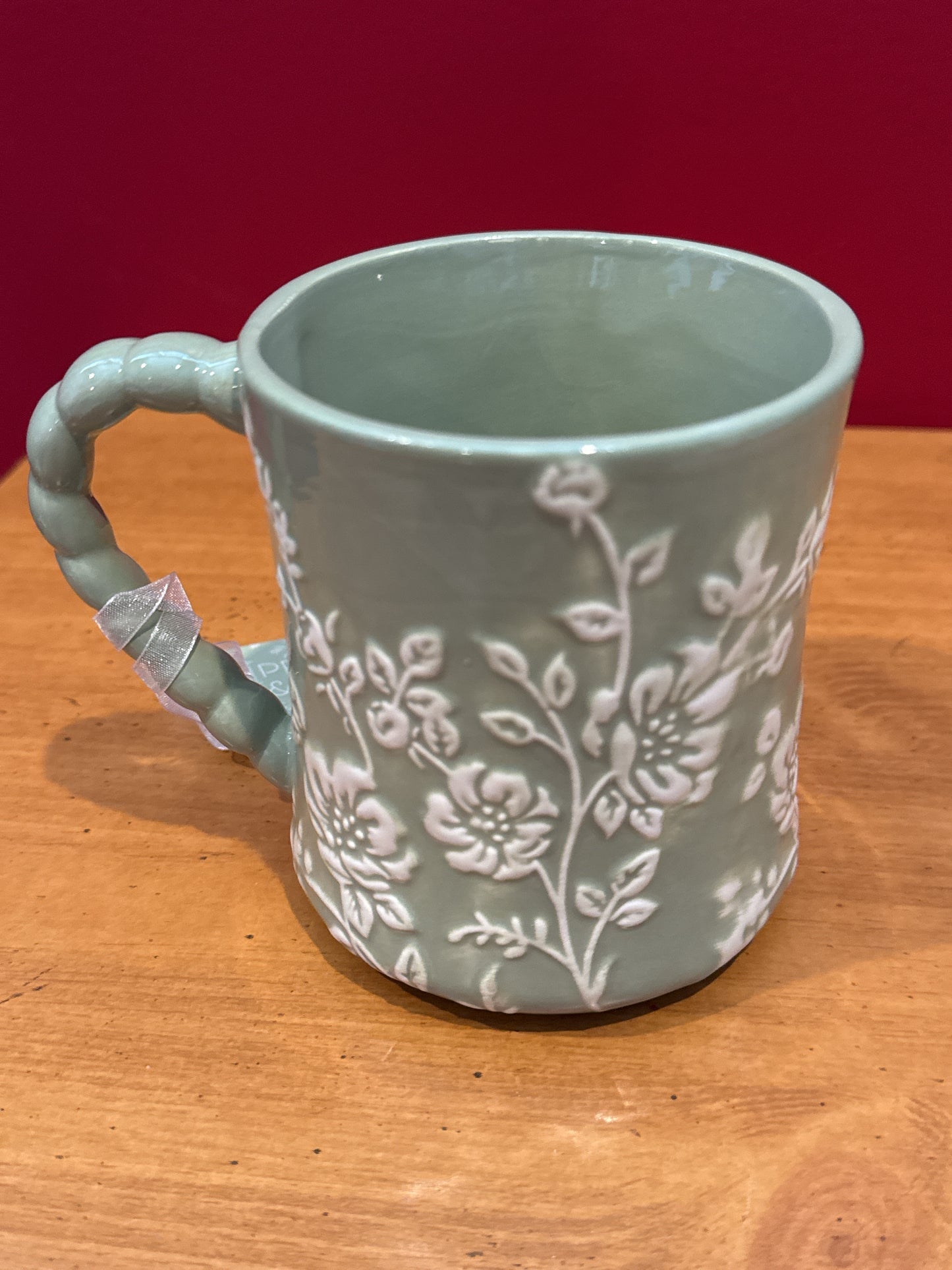 Petal & Pearl Green Floral Coffee Cup Mug 4.5" Tall New