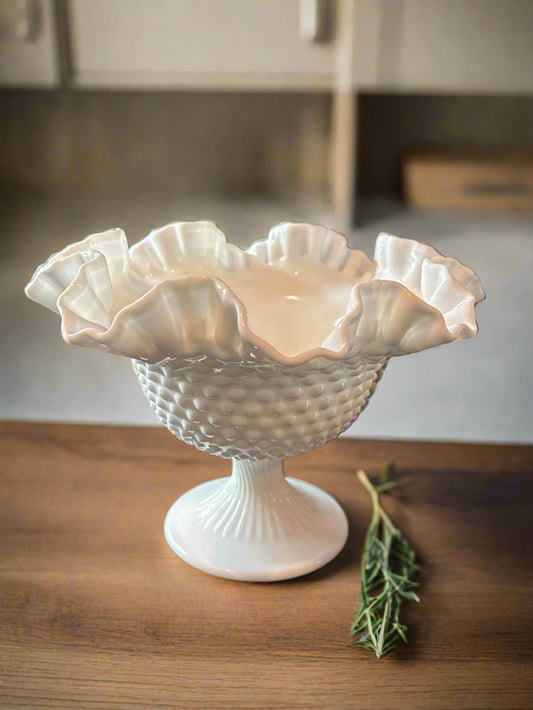 Fenton Hobnail White Milk Glass Ruffled Pedestal Bowl/Fruit Dish 6.5" Tall 9" Wide