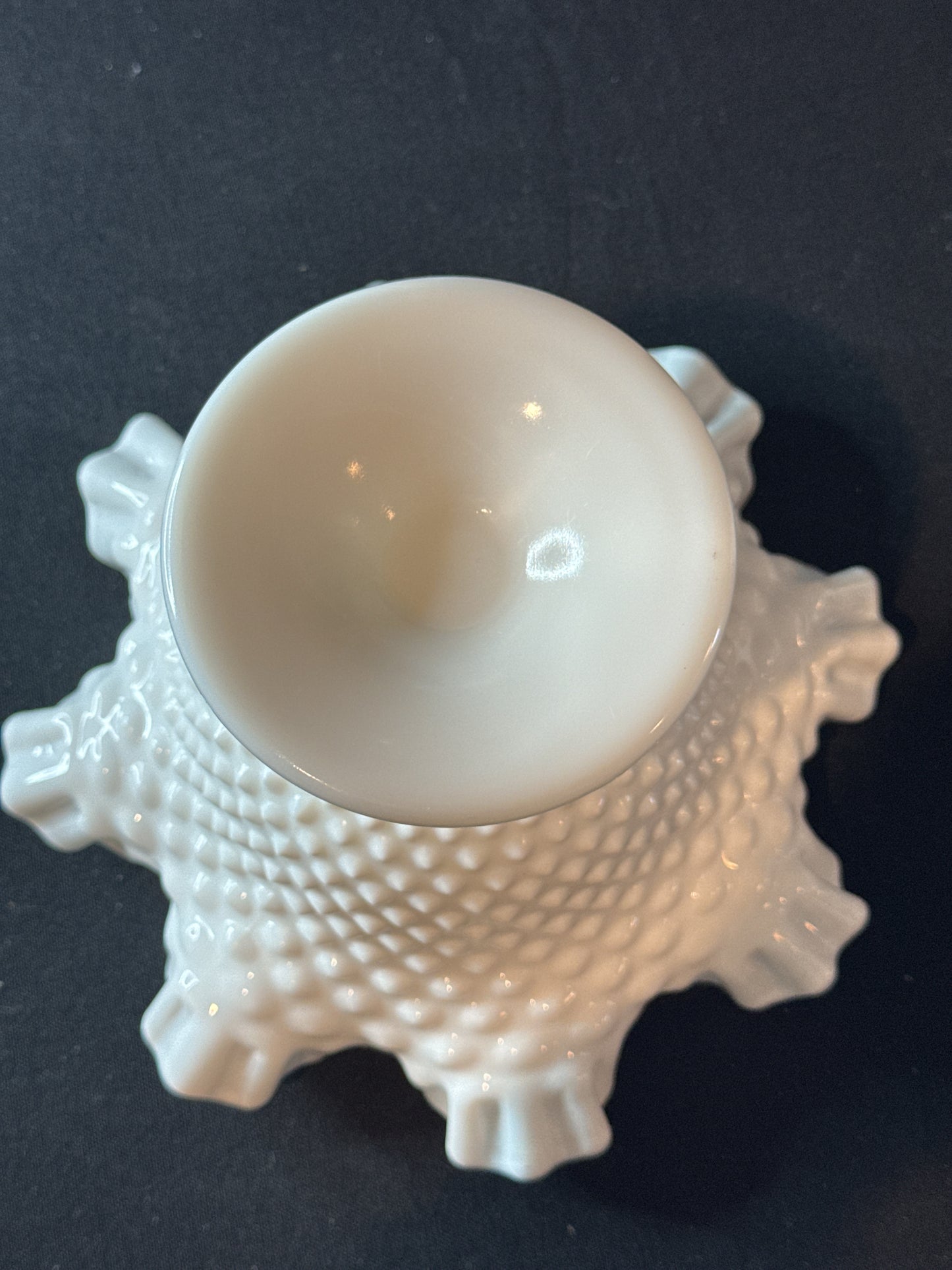 Fenton Hobnail White Milk Glass Ruffled Pedestal Bowl/Fruit Dish 6.5" Tall 9" Wide