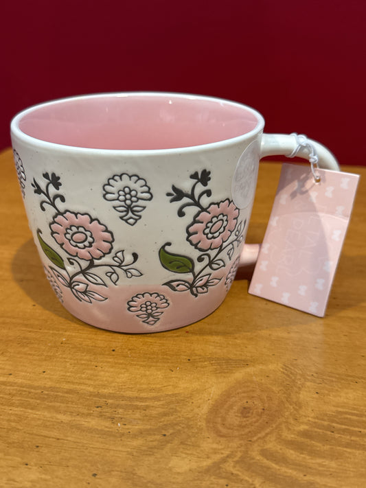 Petal & Pearl Pink Floral Pink Interior Coffee Cup Mug 3.5" Tall New