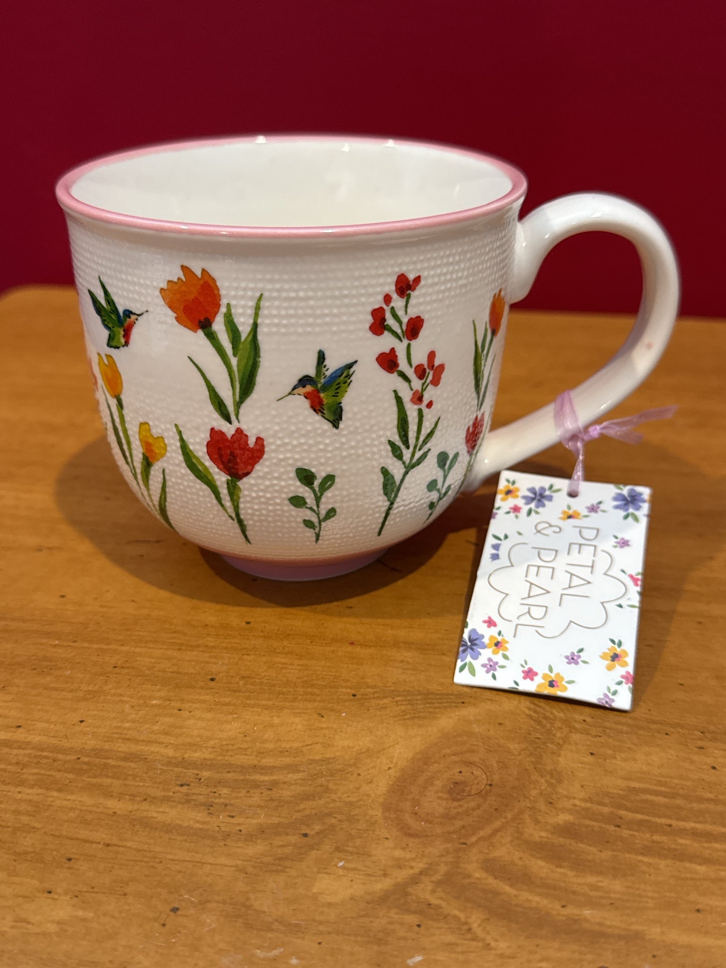 Petal & Pearl Pink Textured Floral Coffee Cup Mug 4" Tall New