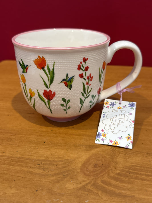 Petal & Pearl Pink Textured Floral Coffee Cup Mug 4" Tall New