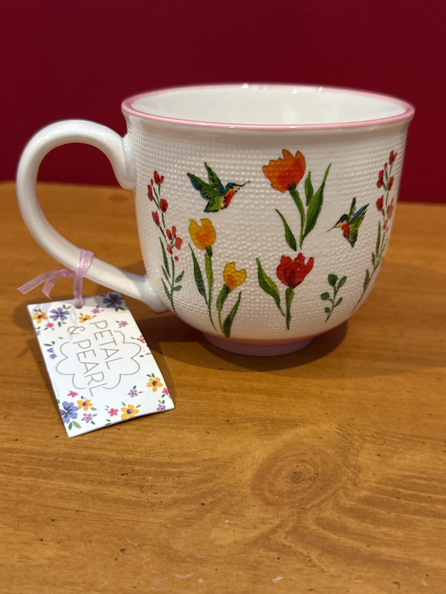 Petal & Pearl Pink Textured Floral Coffee Cup Mug 4" Tall New