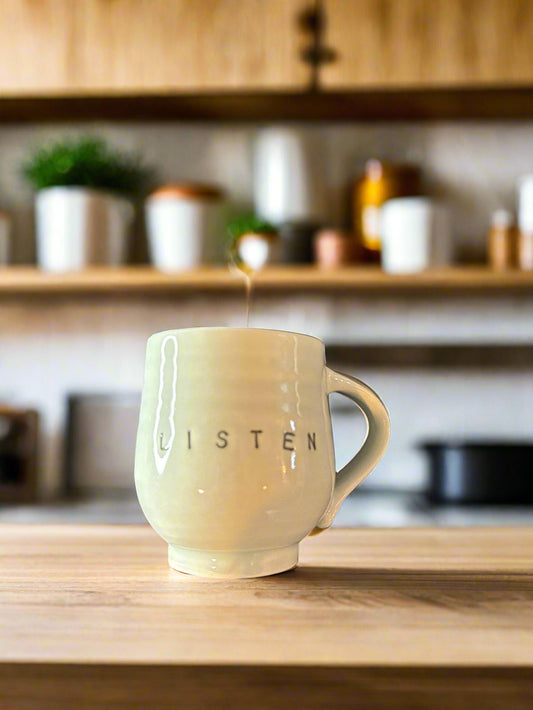 Porcelain Inspirational Coffee Mug Cup "Listen" Hand Thrown Hand Stamped 4" Tall