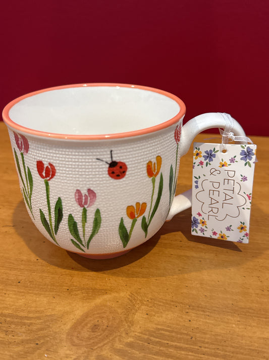Petal & Pearl Orange Textured Floral Coffee Cup Mug 4" Tall New