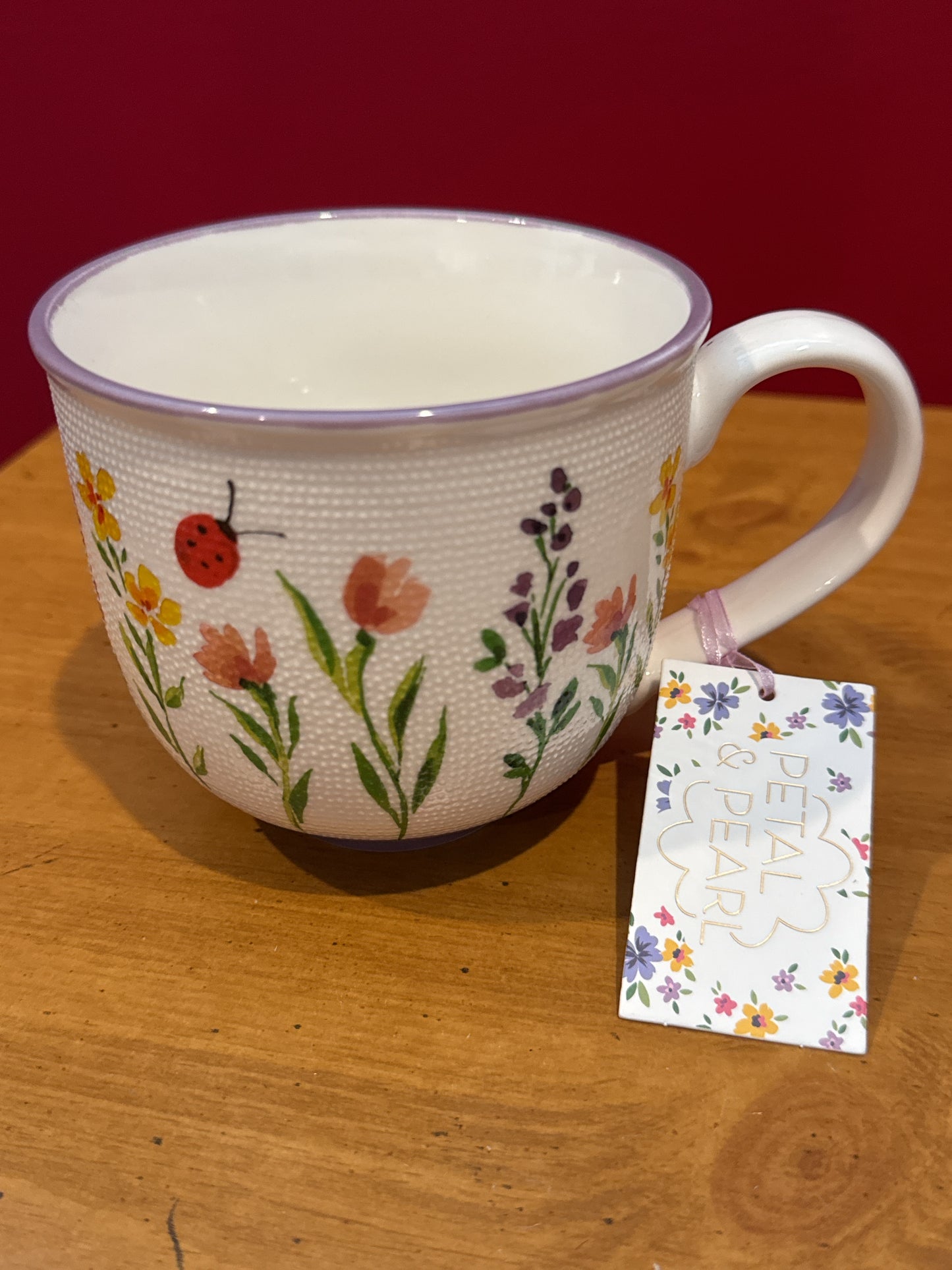Petal & Pearl Purple Textured Floral Coffee Cup Mug 4" Tall New